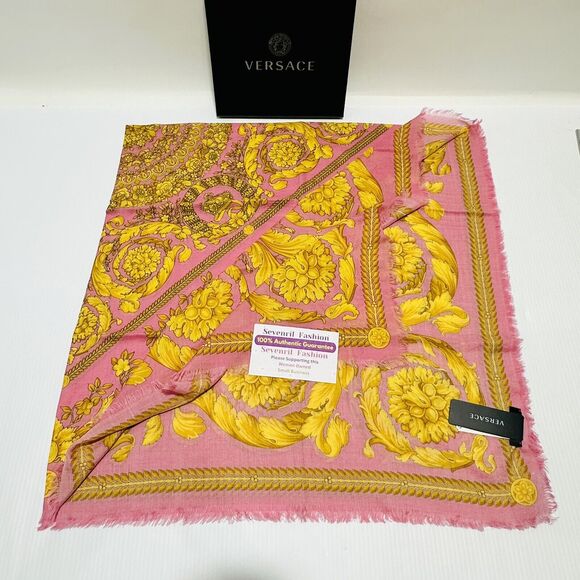 NWT Versace Barocco Pink Gold Cashmere Silk Wool Fringe Shawl Scarf 140cm $750 - Picture 9 of 13
